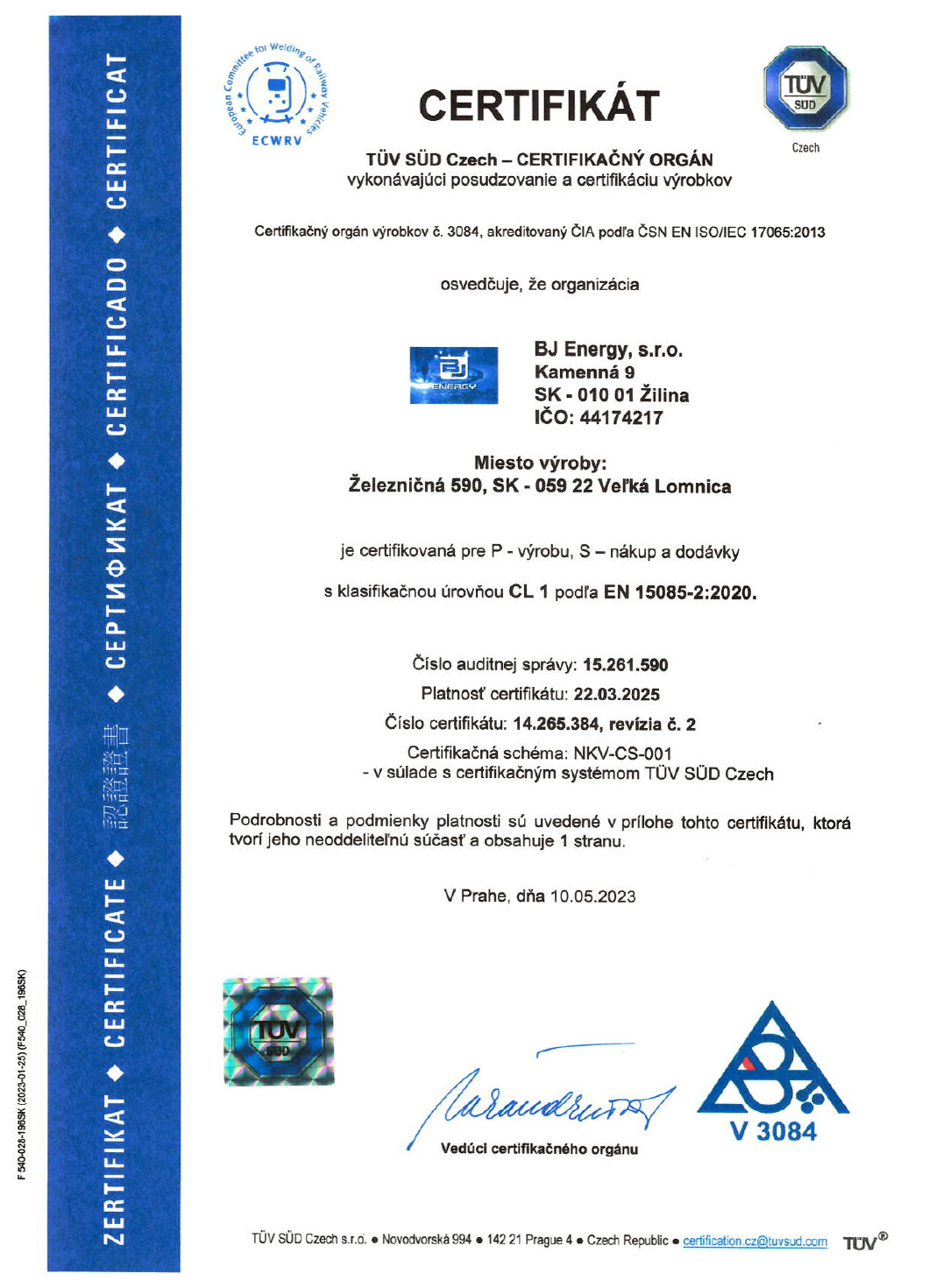 Certifikát EN 15085