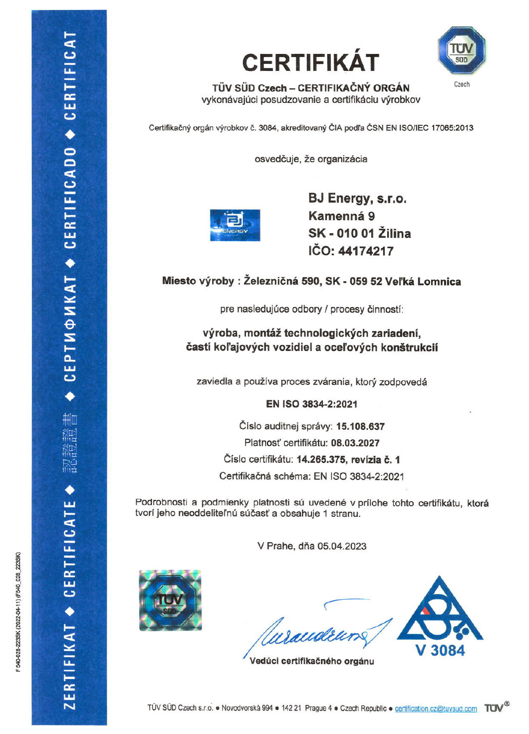 Certifikát ISO 3834-2
