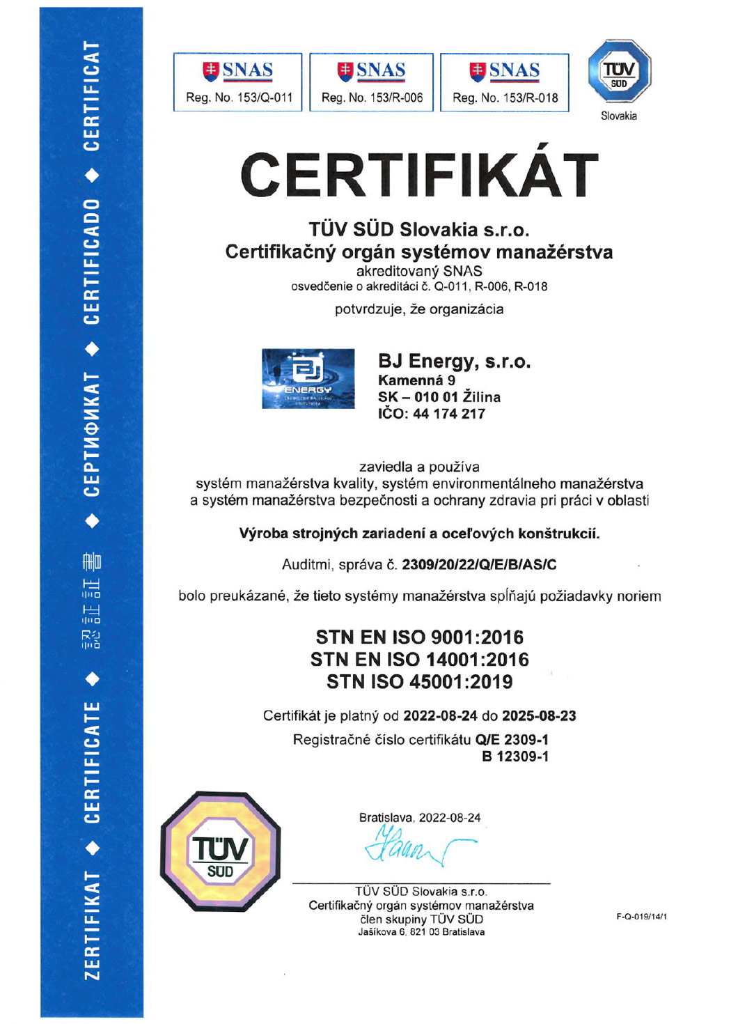 Certifikát ISO 9001 14001 45001